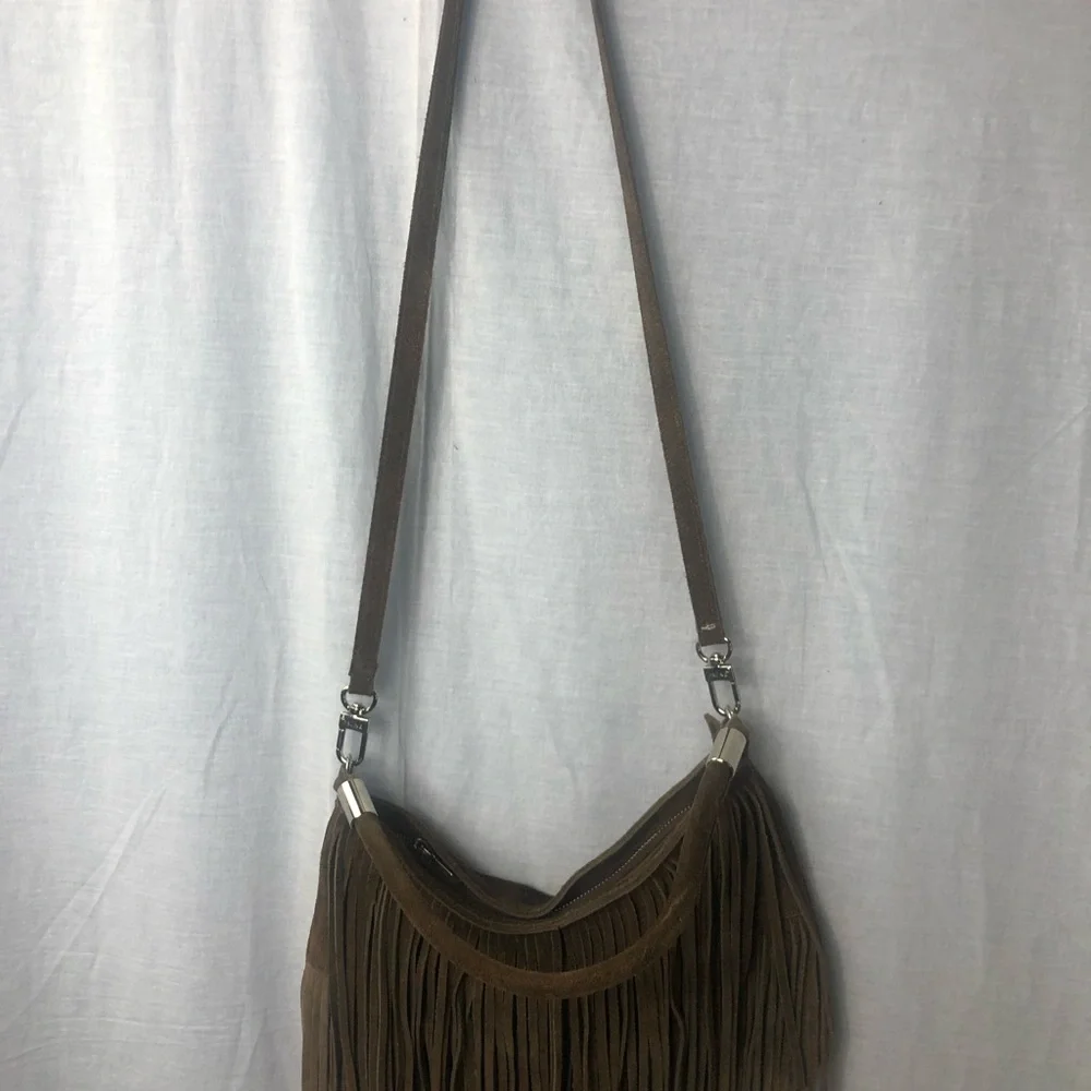 Prune Brown Suede Fringe Hobo Bag